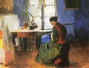 Harriet Backer Kone som syr oil on canvas